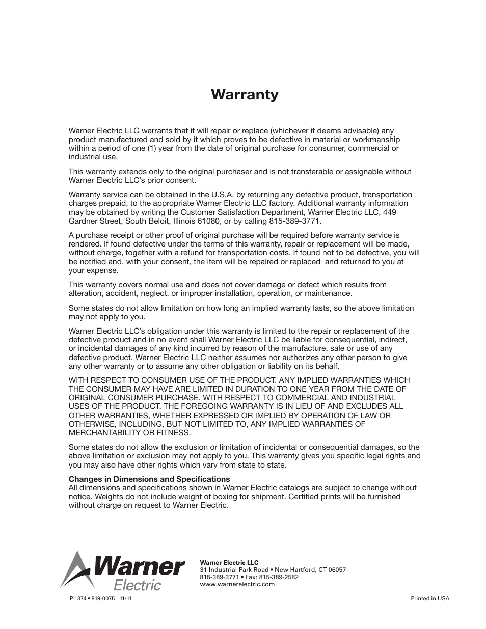 Warranty | Warner Electric ECN-24280 10_18_11 OBSOLETE User Manual | Page 4 / 4