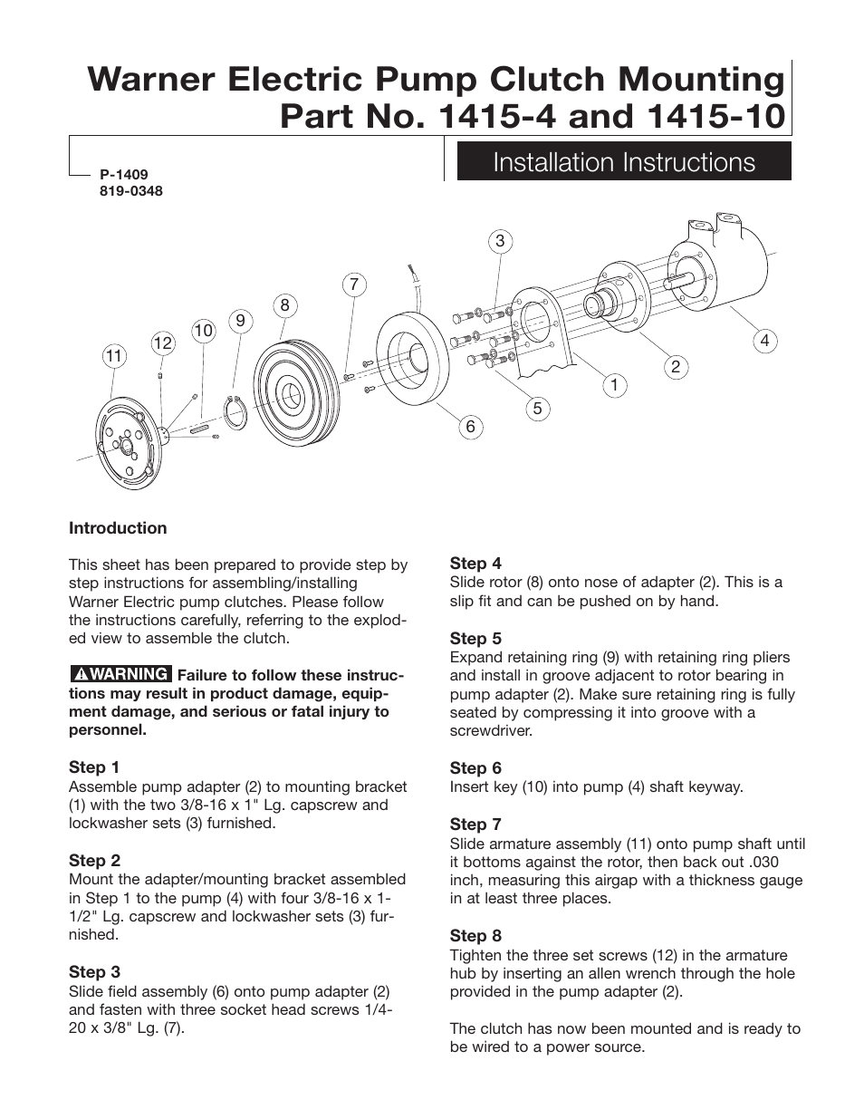 Warner Electric 1415-10 Electric Pump Clutch Mounting User Manual | 2 pages