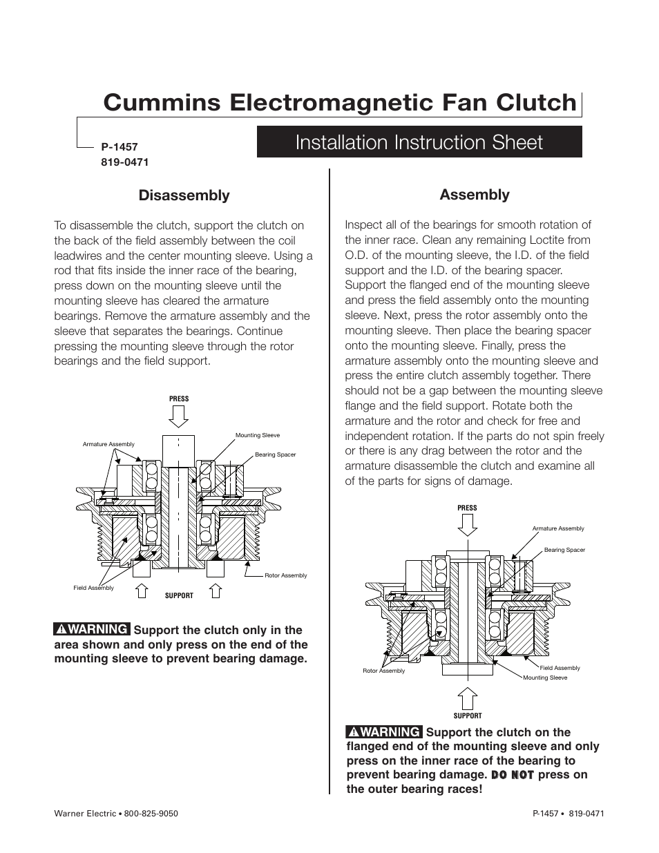 Warner Electric Cummins Electromagnetic Fan Clutch User Manual | 2 pages