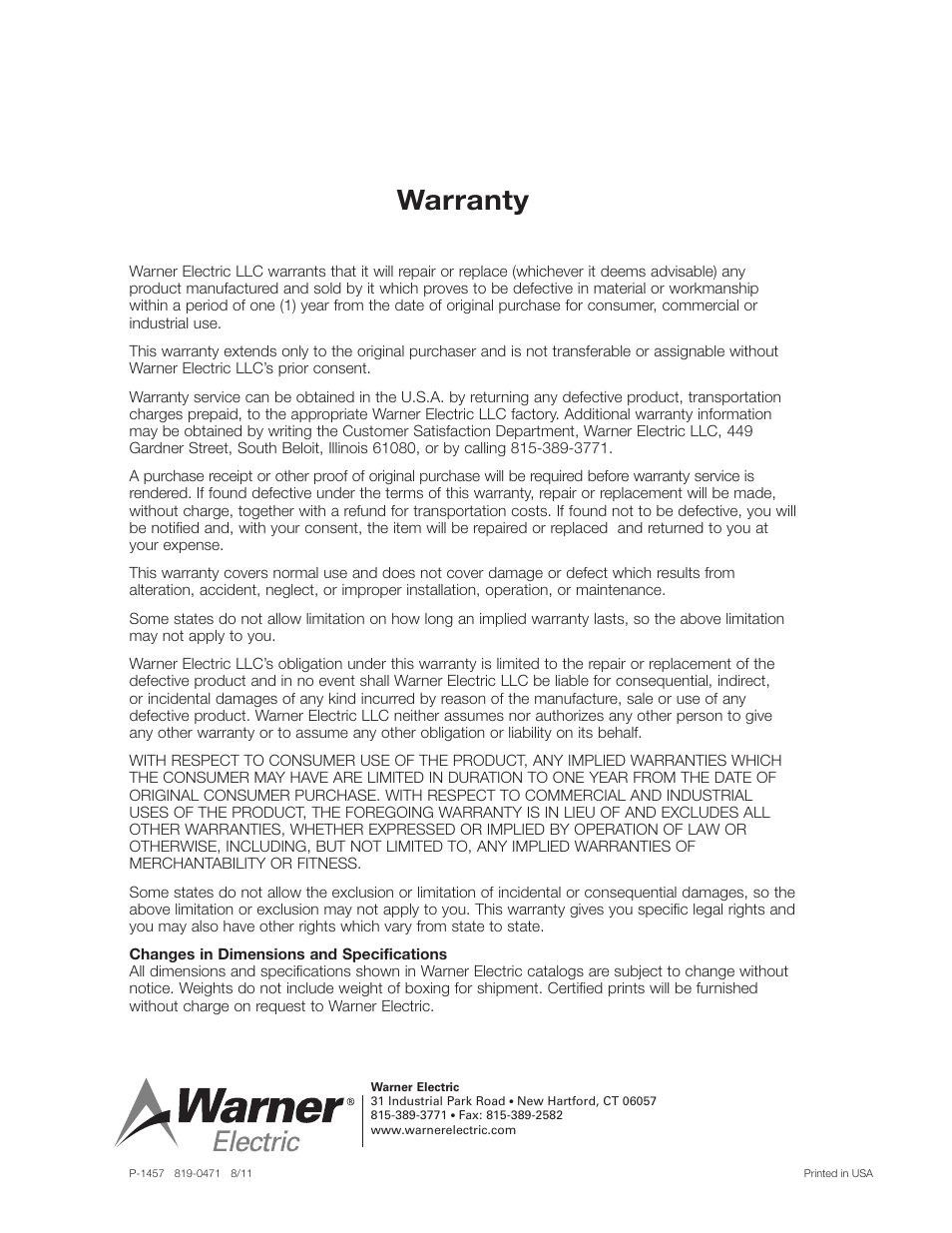 Warranty | Warner Electric Cummins Electromagnetic Fan Clutch User Manual | Page 2 / 2