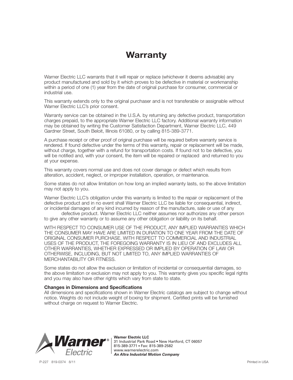 Warranty | Warner Electric Heavy Duty Pump Clutch User Manual | Page 4 / 4