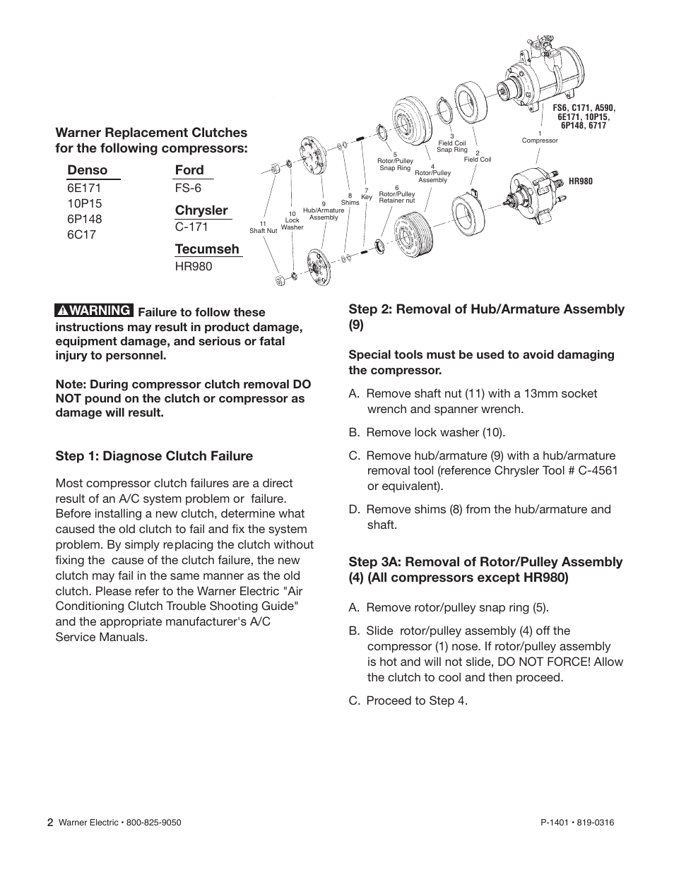 Step 1: diagnose clutch failure, Step 2: removal of hub/armature assembly (9), Ford | Chrysler, Tecumseh, Fs-6, C-171, Hr980 | Warner Electric Compressor Clutch Replacement Procedure User Manual | Page 2 / 8