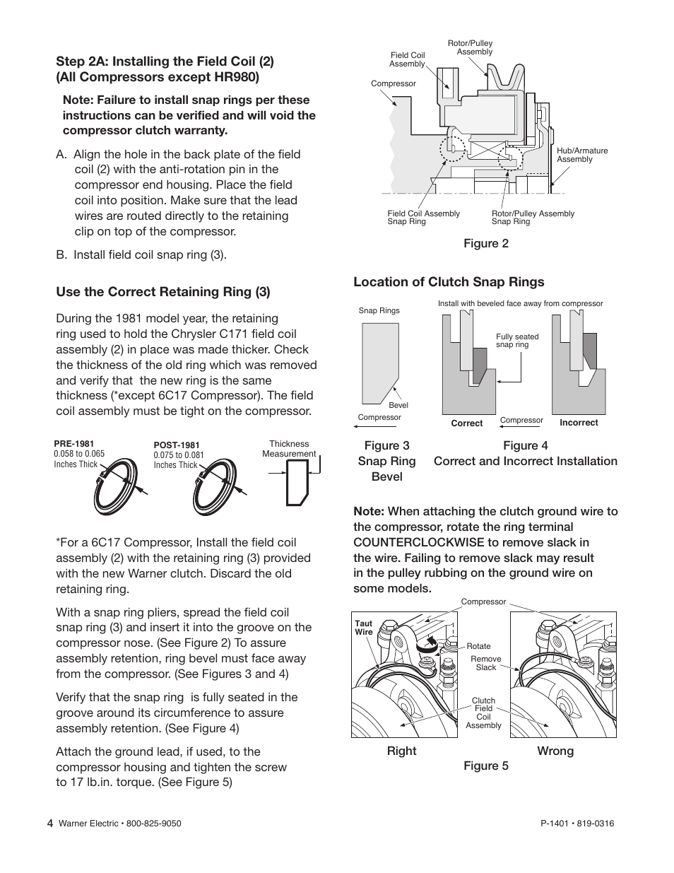 Use the correct retaining ring (3), Location of clutch snap rings, Figure 2 | Warner Electric Compressor Clutch Replacement Procedure User Manual | Page 4 / 8