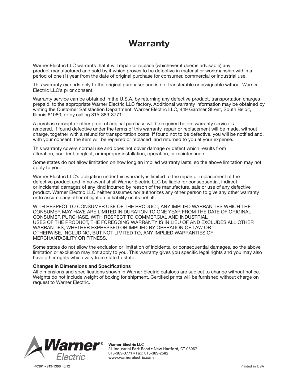 Warranty | Warner Electric 1300-76 12 Volt Utility Controller for 4, 6, or 8 User Manual | Page 8 / 8