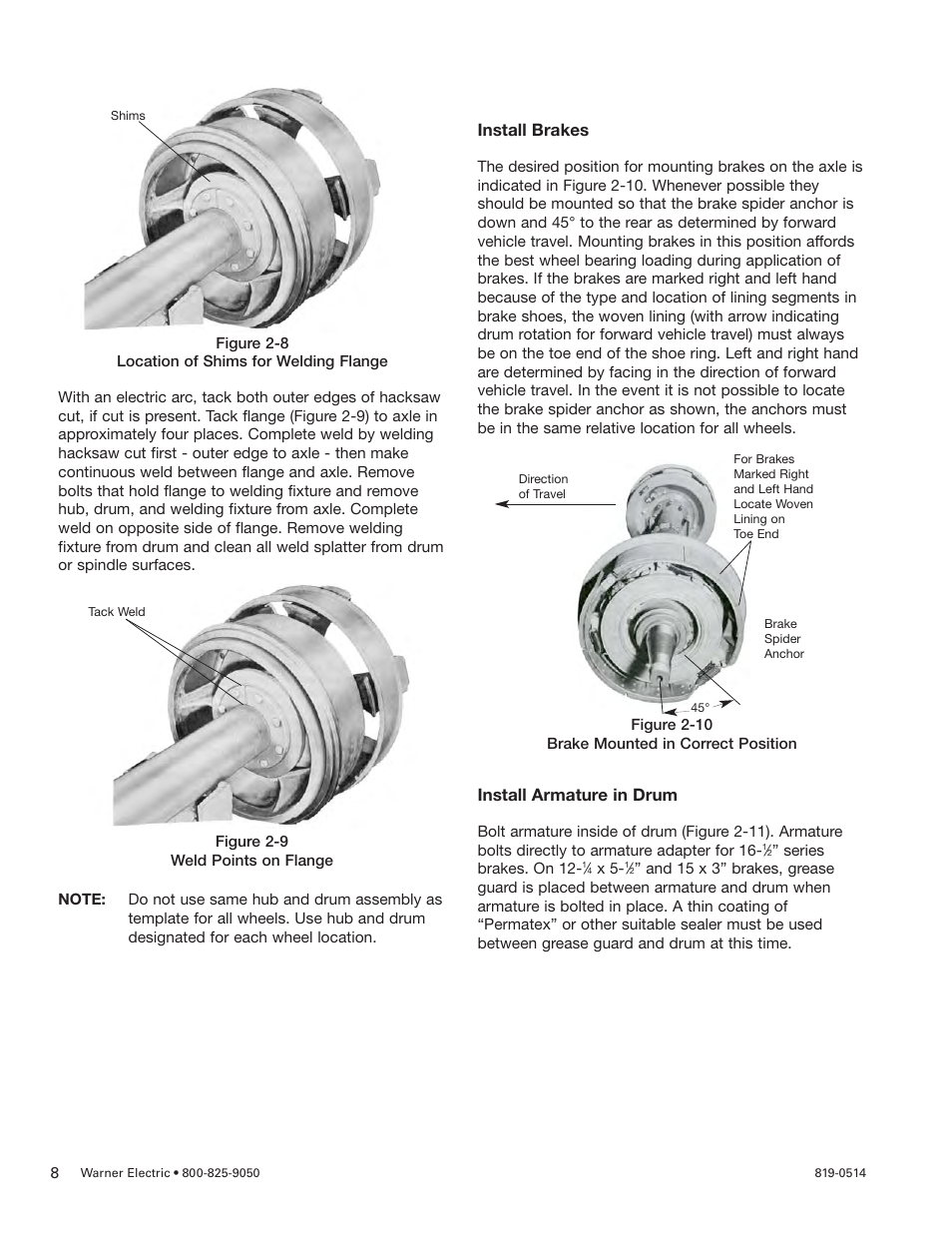 Install brakes, Install armature in drum | Warner Electric Wheel-Brakes (Std) User Manual | Page 8 / 24