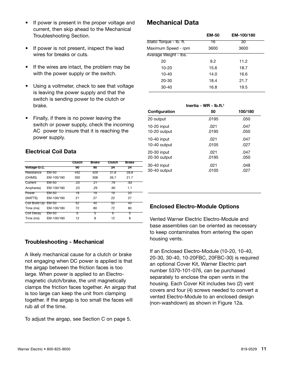 Mechanical data, Troubleshooting - mechanical, Enclosed electro-module options | Electrical coil data | Warner Electric Gen 2 Electro-Module EM-50, EM-100, EM-180 User Manual | Page 11 / 14