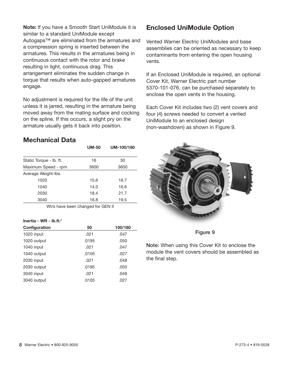 Enclosed unimodule option, Mechanical data | Warner Electric Gen 2 Clutch_Brake UniModule UM-50, UM-100, UM-180 User Manual | Page 8 / 10
