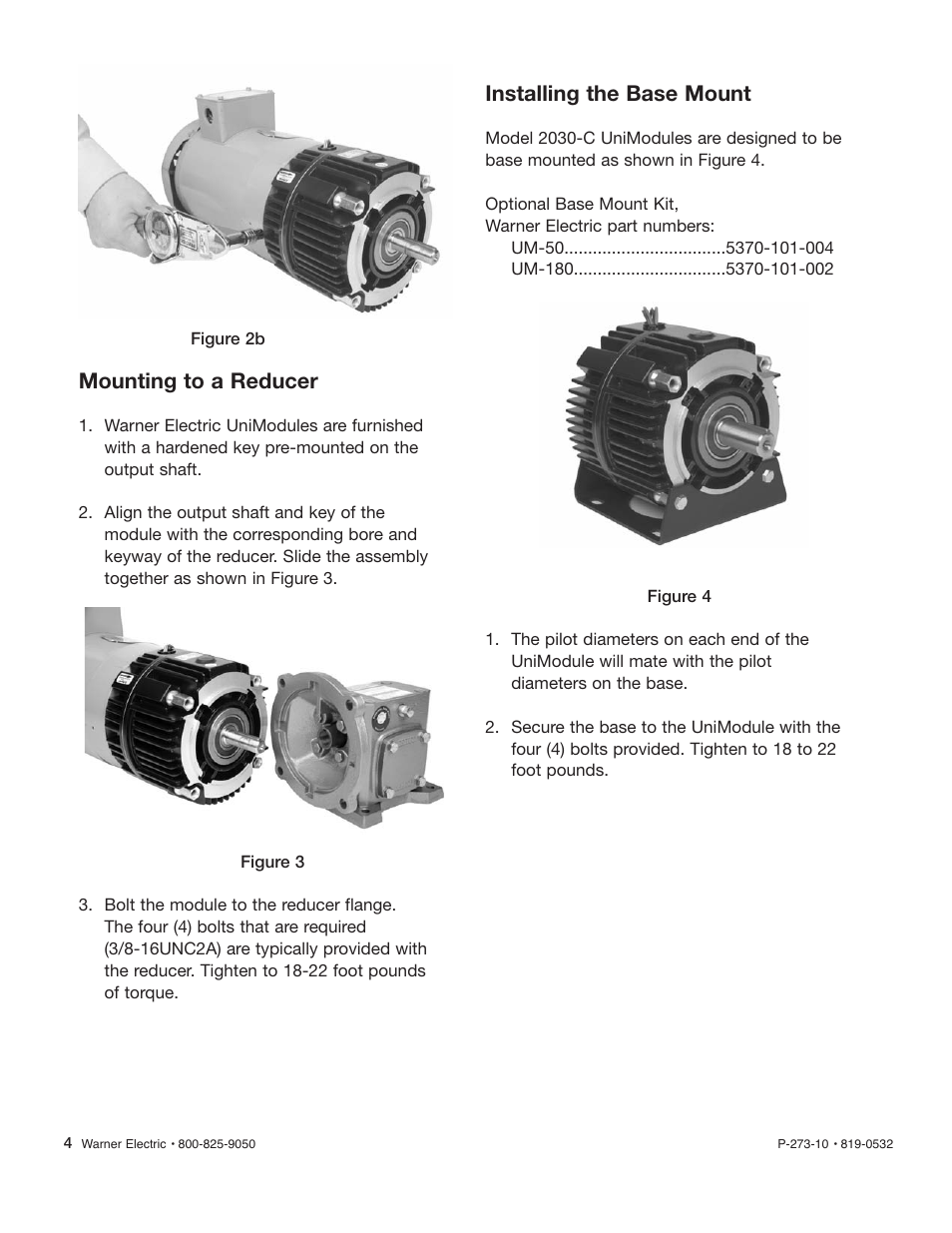 Mounting to a reducer, Installing the base mount | Warner Electric Gen 2 Ceramic Faced Clutch_Brake UniModule UM-50C, UM-180C User Manual | Page 4 / 8