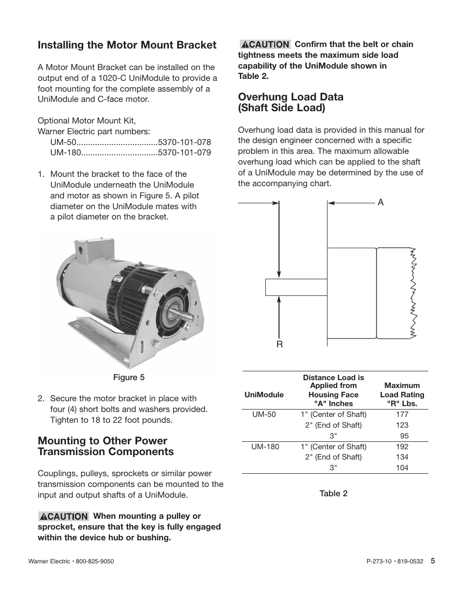 Installing the motor mount bracket, Mounting to other power transmission components, Overhung load data (shaft side load) | Warner Electric Gen 2 Ceramic Faced Clutch_Brake UniModule UM-50C, UM-180C User Manual | Page 5 / 8