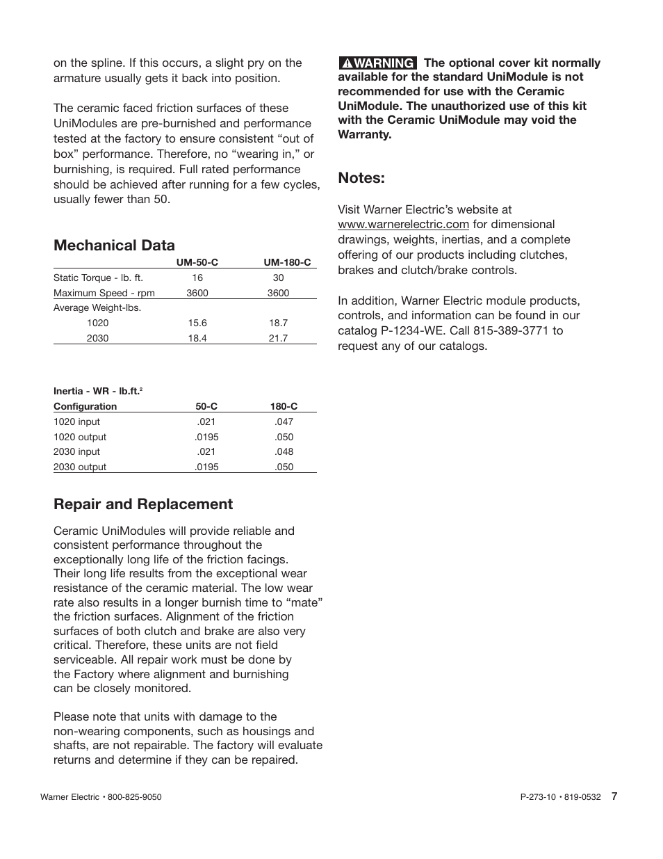 Repair and replacement, Mechanical data | Warner Electric Gen 2 Ceramic Faced Clutch_Brake UniModule UM-50C, UM-180C User Manual | Page 7 / 8