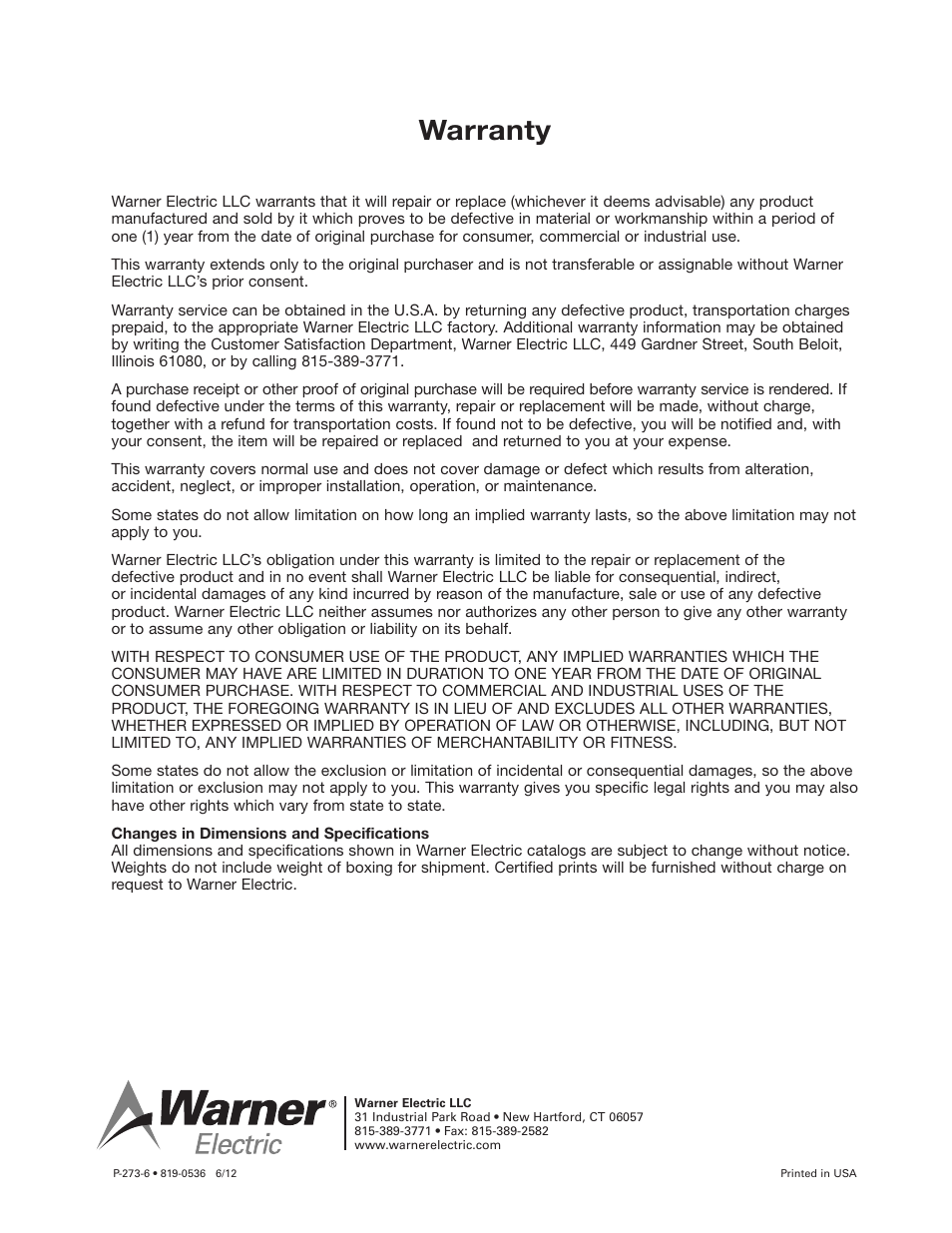 Warranty | Warner Electric Gen 2 Enclosed Module Option User Manual | Page 4 / 4