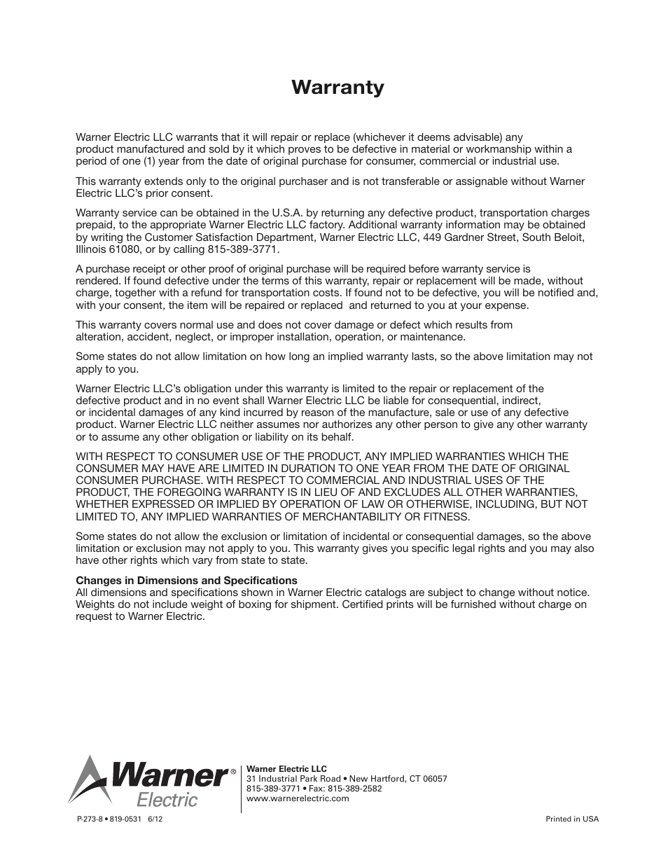Warranty | Warner Electric Gen 2 Electrically Released Motor Brake Module for EM-MBFB and EUM-MBFB User Manual | Page 6 / 6