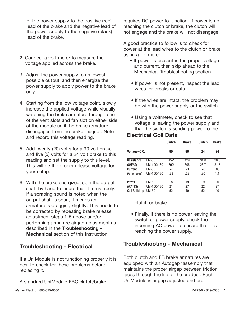 Troubleshooting - electrical, Troubleshooting - mechanical, Electrical coil data | Warner Electric Gen 2 Clutch_Electrically Released Brake UniModule UM-50FBC, UM-100FBC, UM-180FBC User Manual | Page 7 / 10