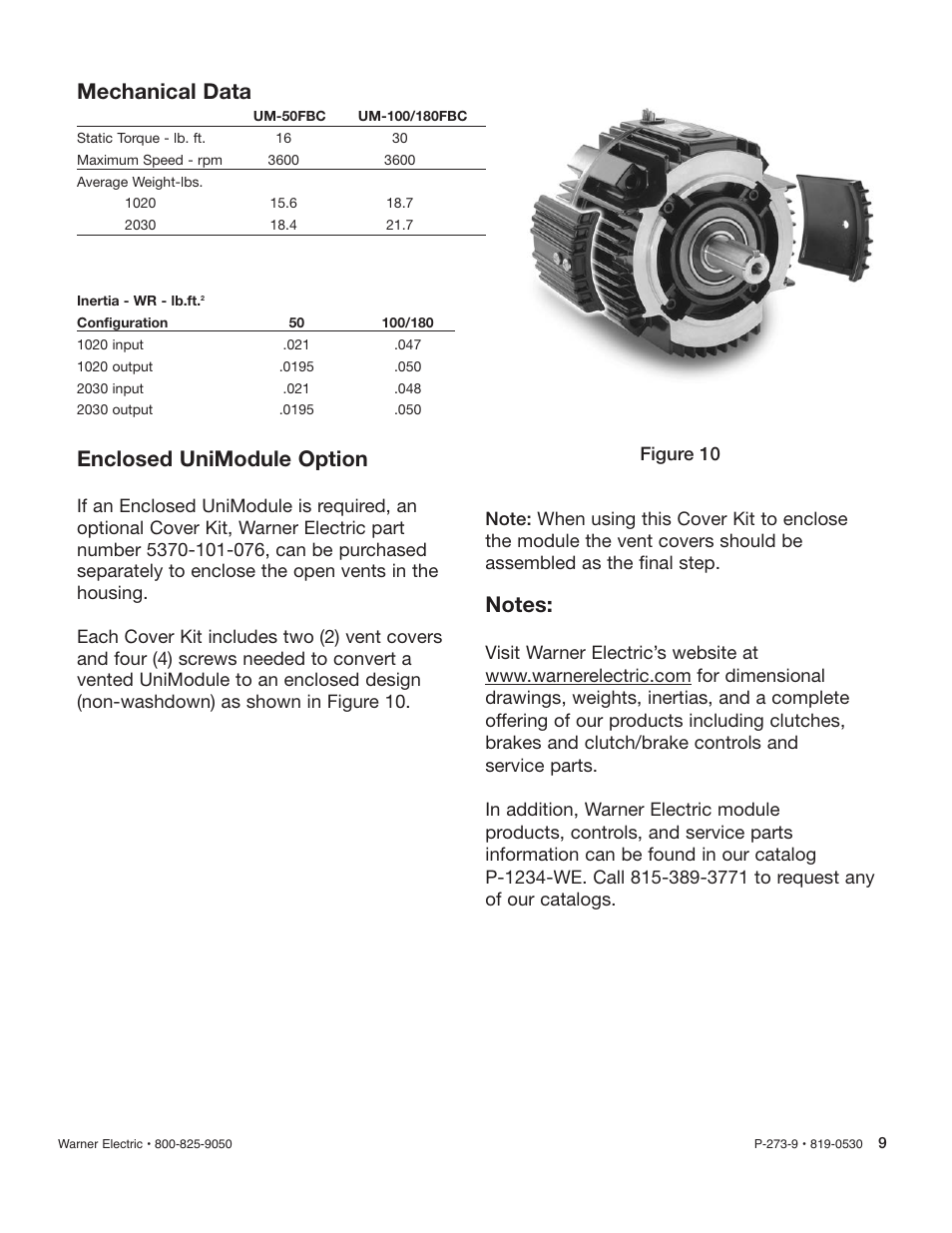Mechanical data, Enclosed unimodule option | Warner Electric Gen 2 Clutch_Electrically Released Brake UniModule UM-50FBC, UM-100FBC, UM-180FBC User Manual | Page 9 / 10