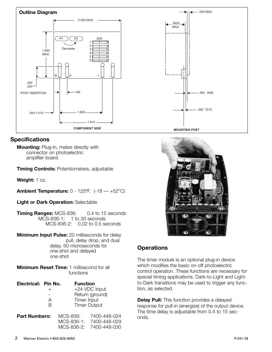 Specifications, Operations | Warner Electric MCS-836_836-1_836-2 User Manual | Page 2 / 6