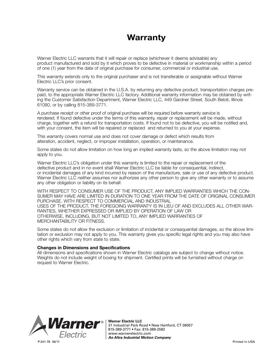 Warranty | Warner Electric MCS-836_836-1_836-2 User Manual | Page 6 / 6