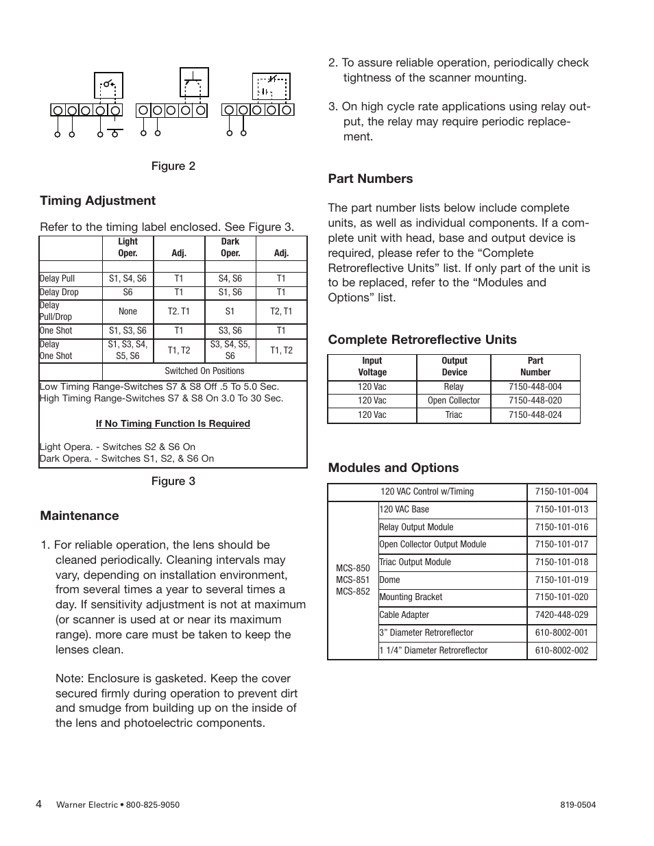 Timing adjustment, Maintenance, Part numbers | Complete retroreflective units modules and options, Figure 2 | Warner Electric MCS-500 Series LED Photoelectric Control User Manual | Page 4 / 6