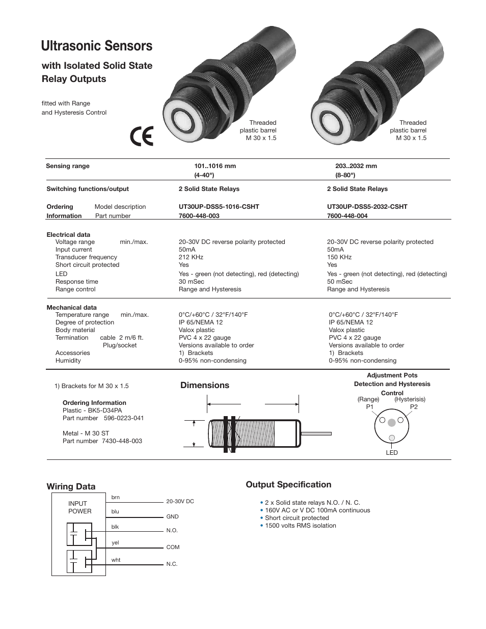 Ultrasonic sensors, With isolated solid state relay outputs, Wiring data | Di men sions output specification | Warner Electric Ultrasonic Sensors with Solid State Relay Output User Manual | Page 2 / 4