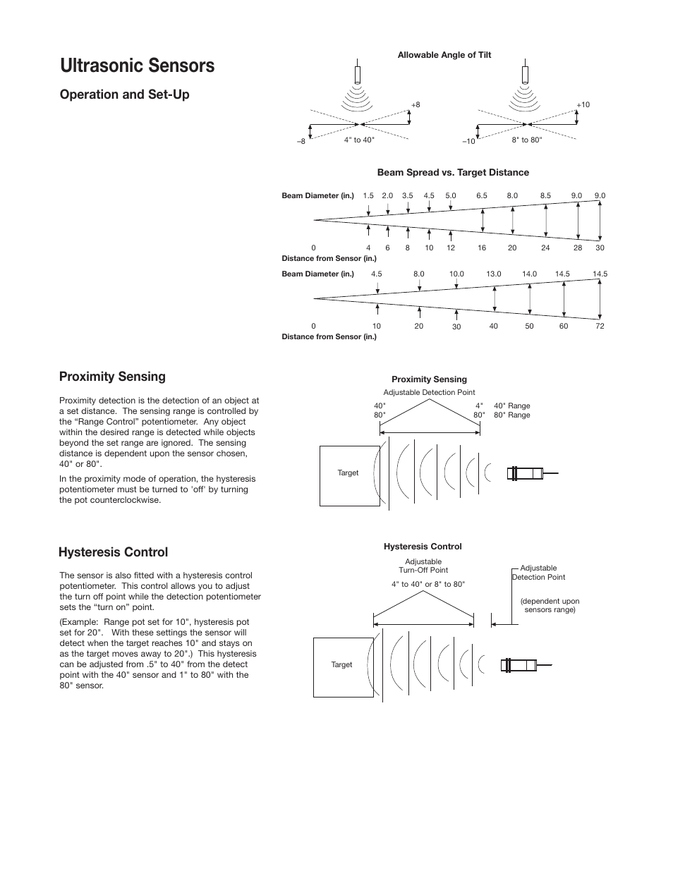 Ultrasonic sensors, Op er a tion and set-up proximity sensing, Hysteresis control | Warner Electric Ultrasonic Sensors with Solid State Relay Output User Manual | Page 3 / 4