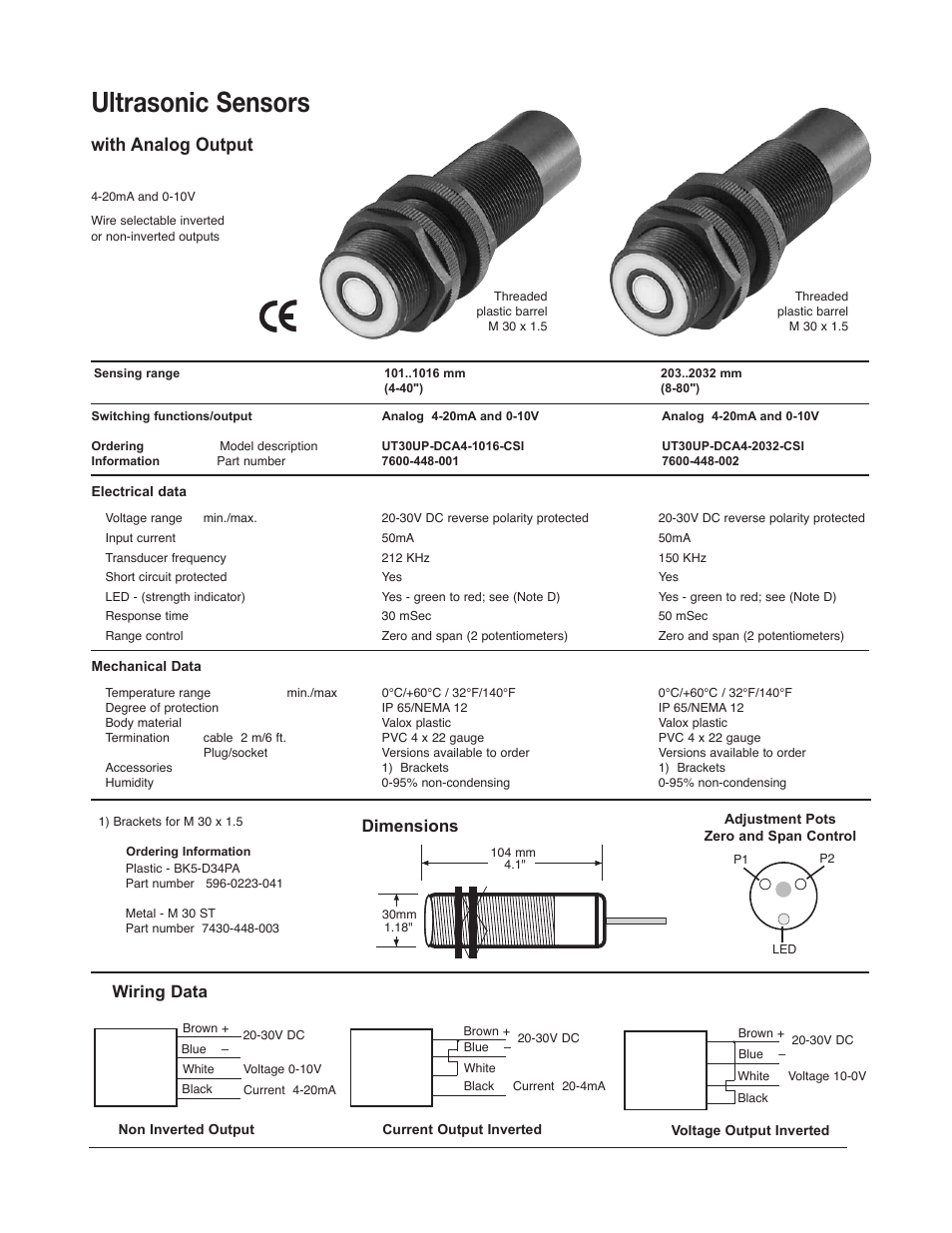 Ultrasonic sensors, With analog output, Wiring data | Dimensions | Warner Electric Ultrasonic Sensors with Analog Output User Manual | Page 2 / 4