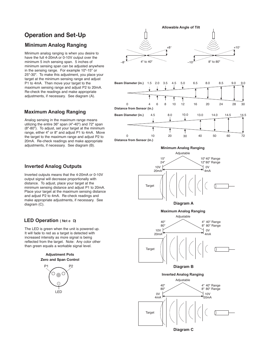 Op er a tion and set-up, Minimum analog ranging, Maximum analog ranging | Inverted analog outputs, Led operation | Warner Electric Ultrasonic Sensors with Analog Output User Manual | Page 3 / 4