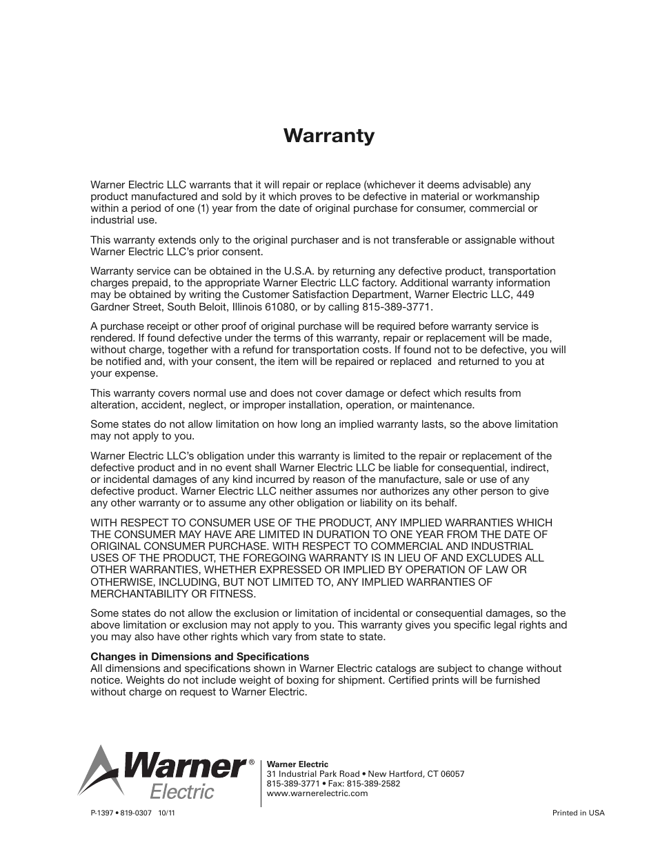 Warranty | Warner Electric MTB-I User Manual | Page 2 / 2