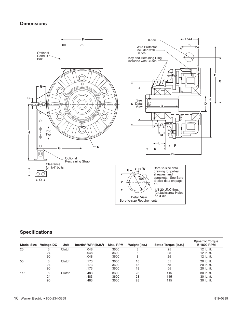 Dimensions, Specifications | Warner Electric Advanced Technology Tension Clutches User Manual | Page 16 / 20