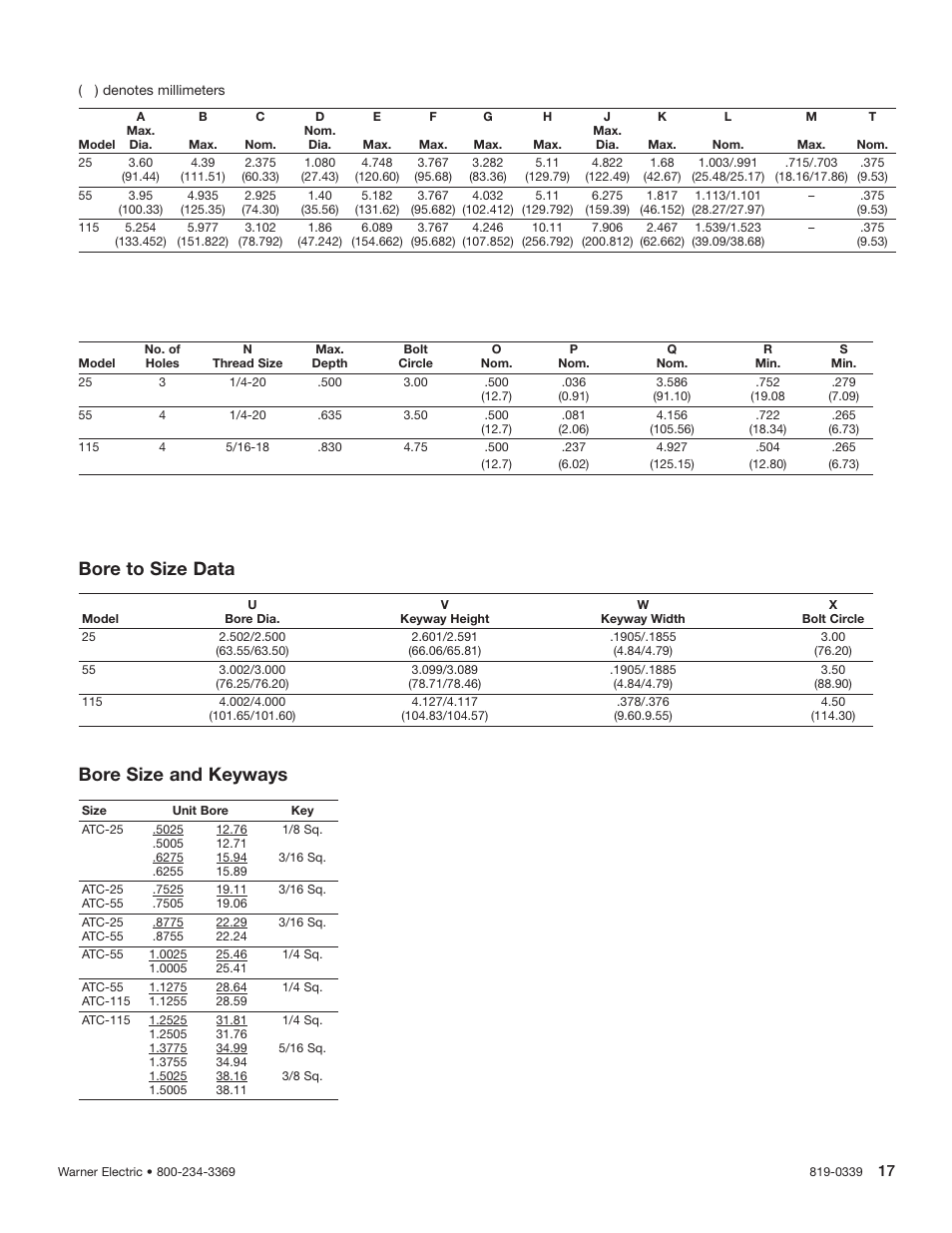Bore to size data, Bore size and keyways | Warner Electric Advanced Technology Tension Clutches User Manual | Page 17 / 20