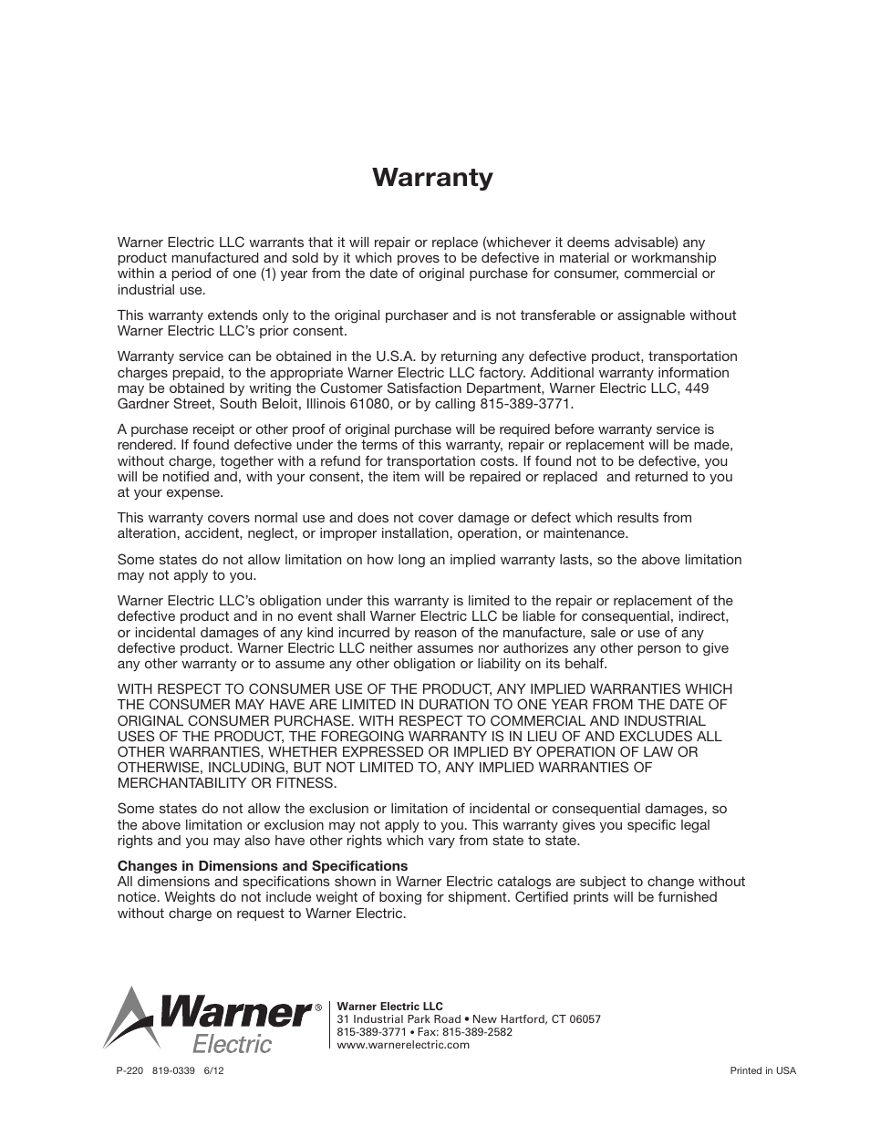 Warranty | Warner Electric Advanced Technology Tension Clutches User Manual | Page 20 / 20