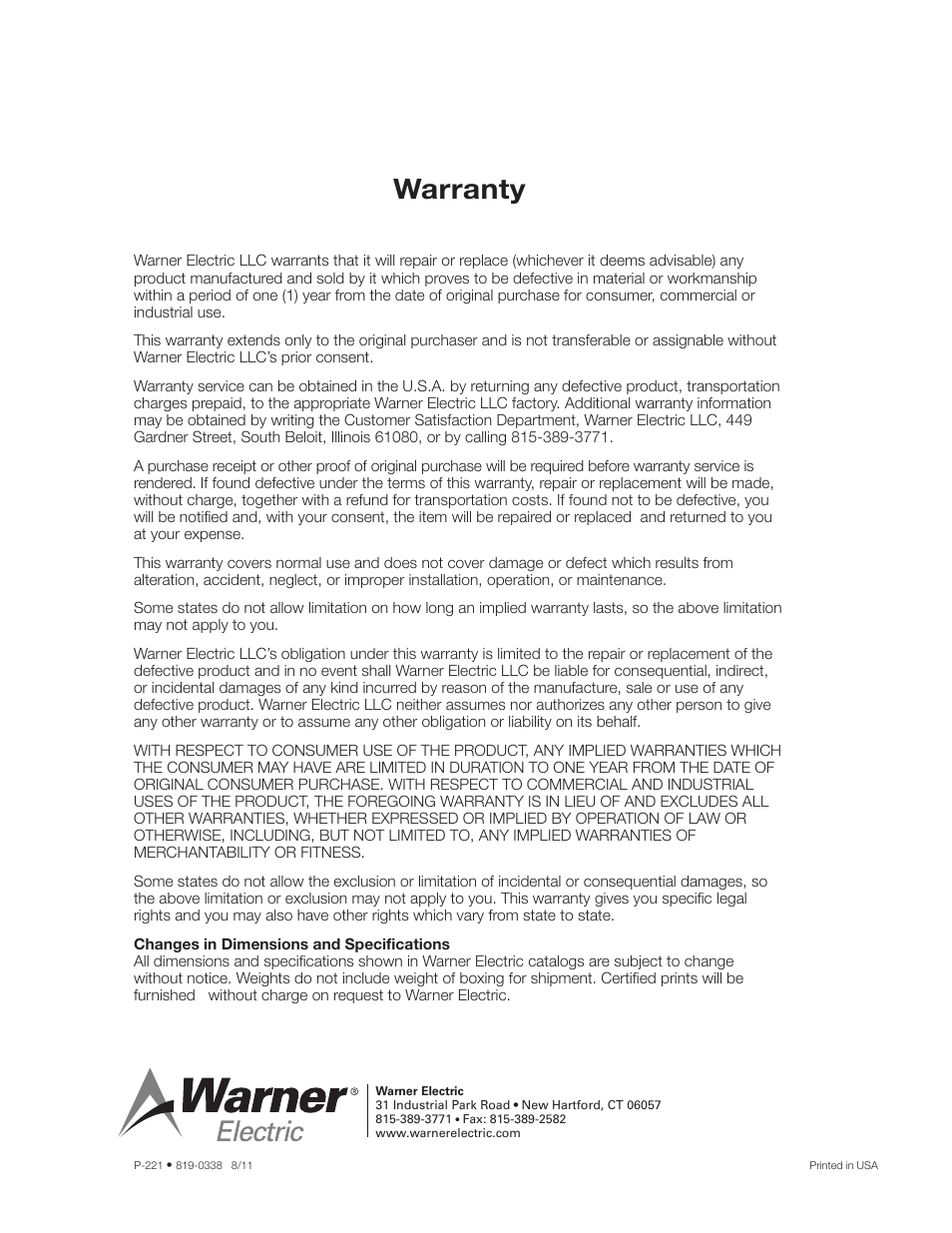 Warranty | Warner Electric ATT Tension Brakes User Manual | Page 12 / 12