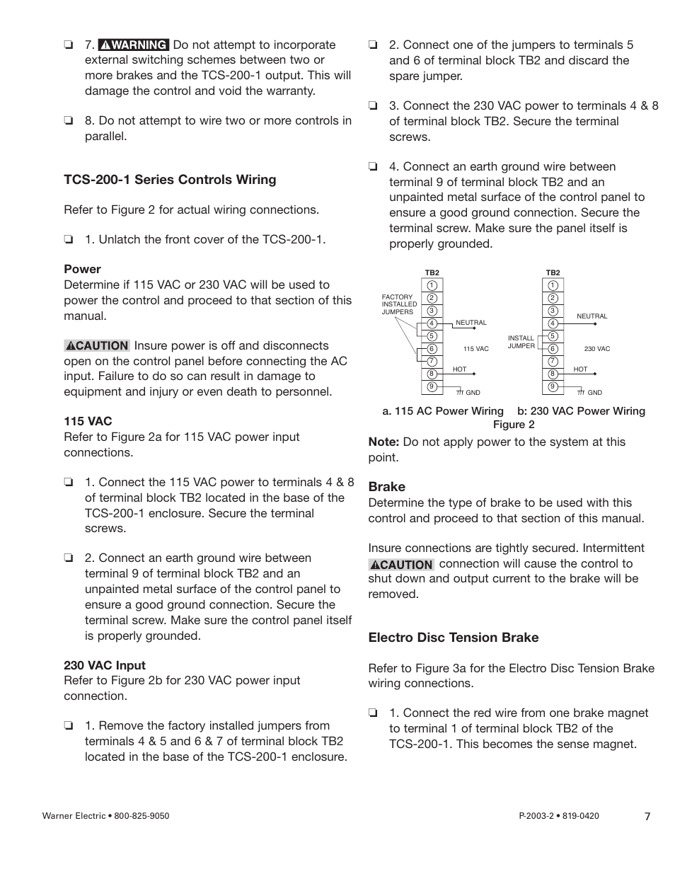 Brake, Electro disc tension brake, Tcs-200-1 series controls wiring | Warner Electric TCS-200-1H User Manual | Page 7 / 22