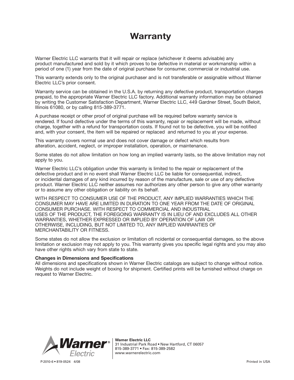Warranty | Warner Electric MCS2000-DRV2 User Manual | Page 22 / 22