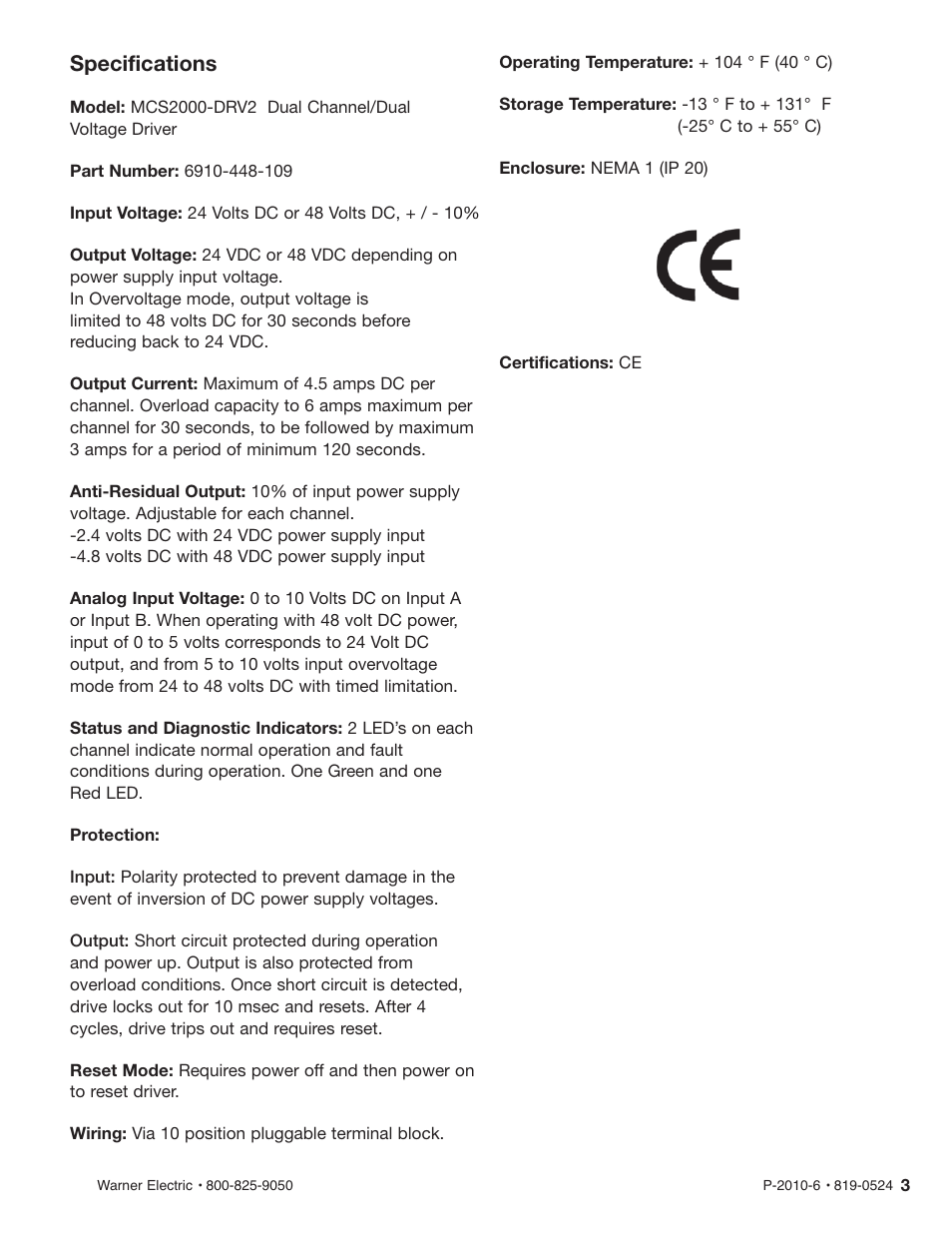 Specifications | Warner Electric MCS2000-DRV2 User Manual | Page 3 / 22