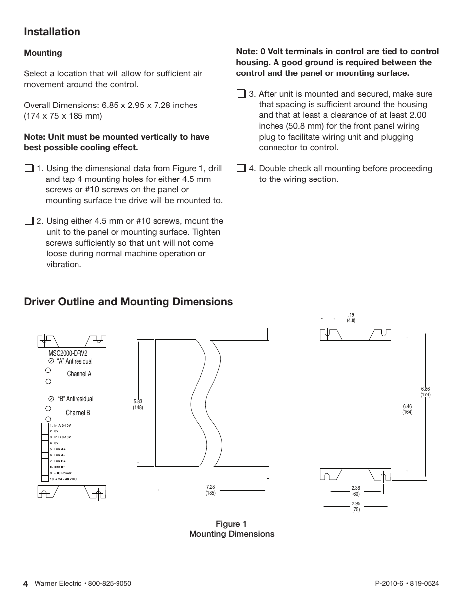 Installation, Driver outline and mounting dimensions, Figure 1 mounting dimensions 4 | Warner Electric MCS2000-DRV2 User Manual | Page 4 / 22