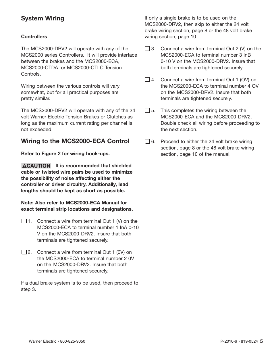 System wiring, Wiring to the mcs2000-eca control | Warner Electric MCS2000-DRV2 User Manual | Page 5 / 22