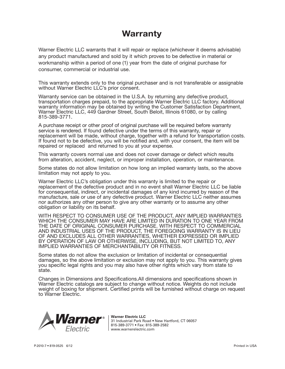 Warranty | Warner Electric MCS2000-PSDRV2 User Manual | Page 22 / 22