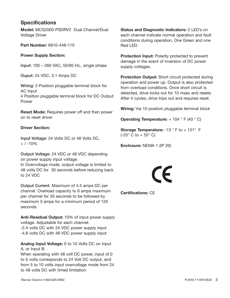 Specifications | Warner Electric MCS2000-PSDRV2 User Manual | Page 3 / 22