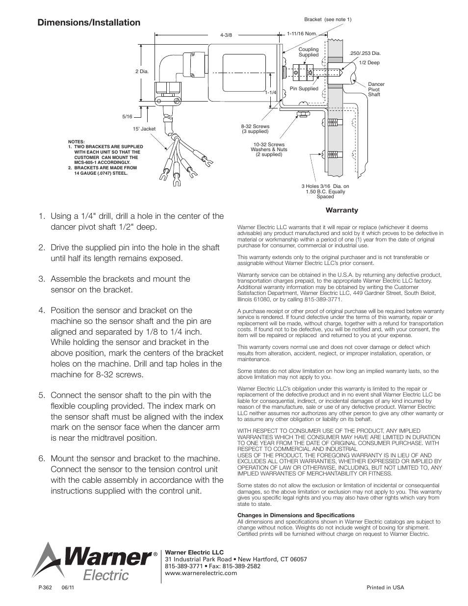 Dimensions/installation | Warner Electric MCS-605-1 User Manual | Page 2 / 2