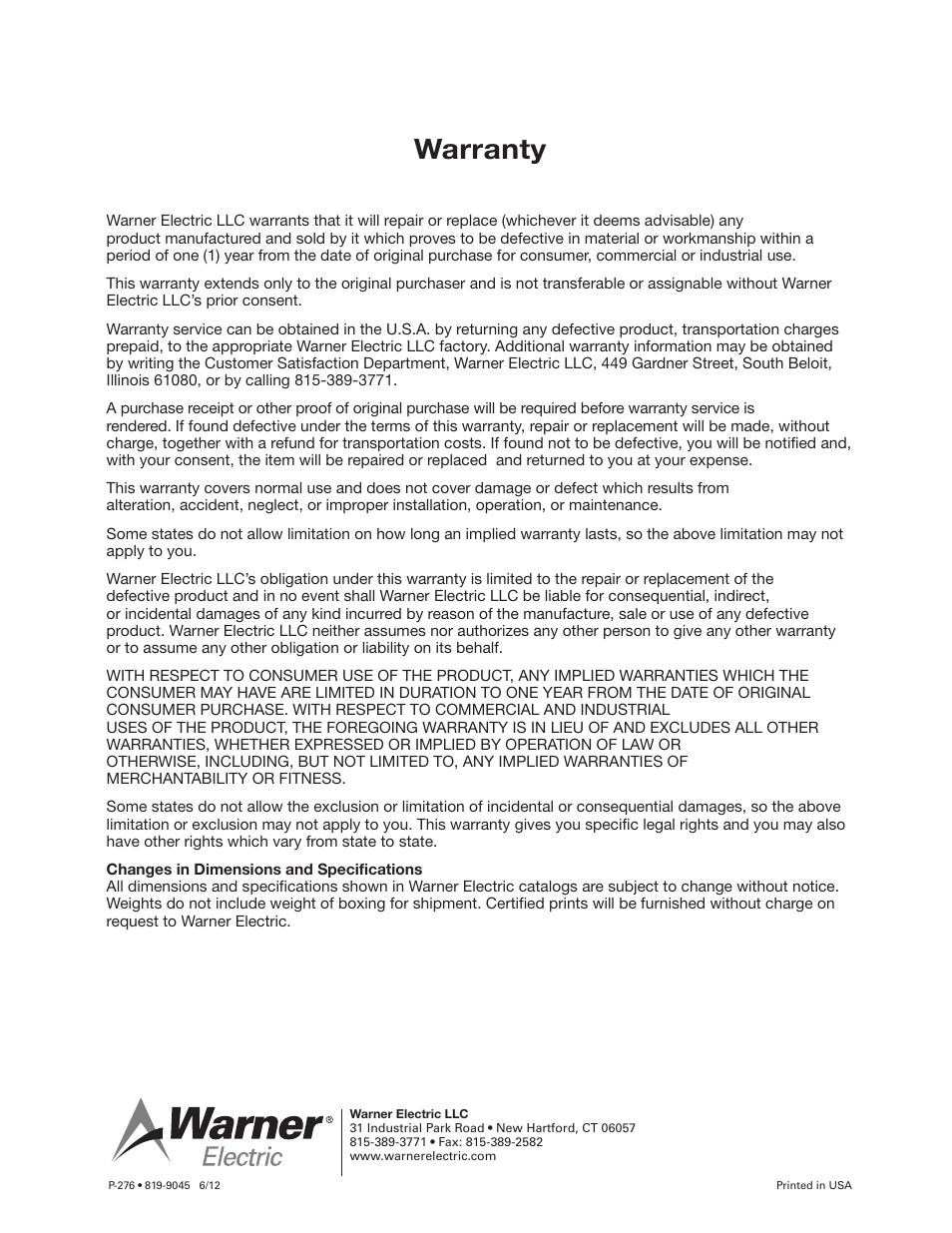 Warranty | Warner Electric MCS-208 User Manual | Page 26 / 26
