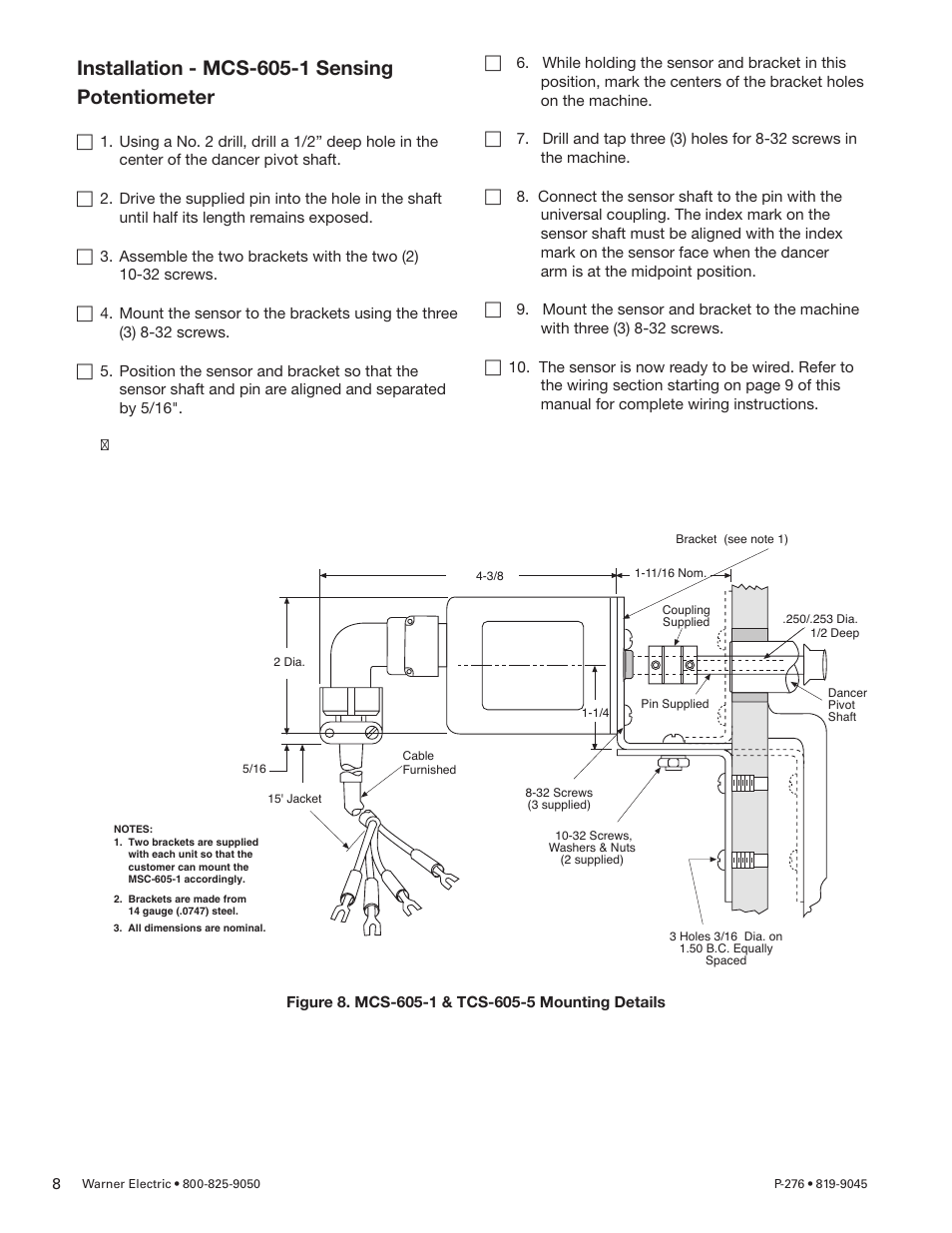 Installation - mcs-605-1 sensing potentiometer | Warner Electric MCS-208 User Manual | Page 8 / 26