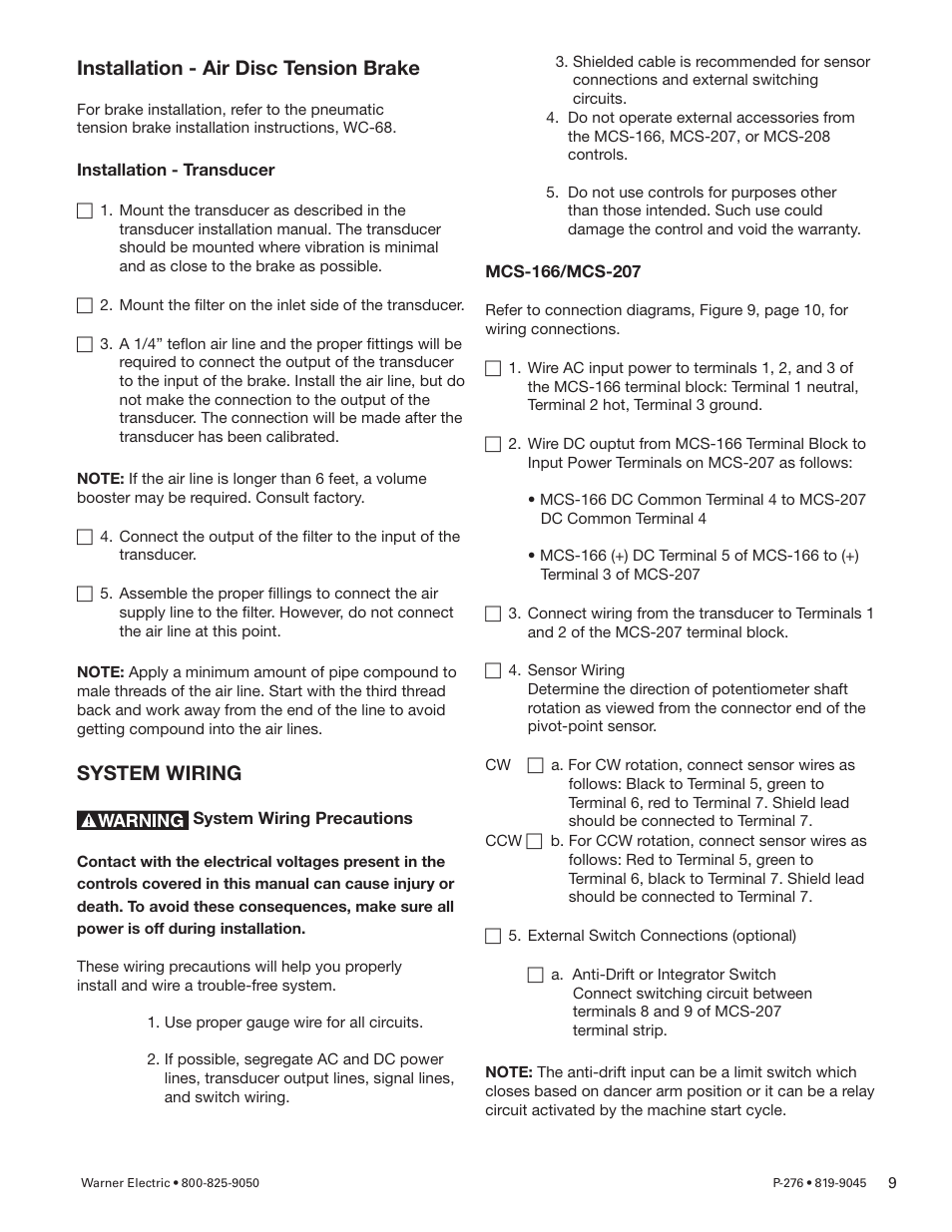 Installation - air disc tension brake, System wiring | Warner Electric MCS-208 User Manual | Page 9 / 26