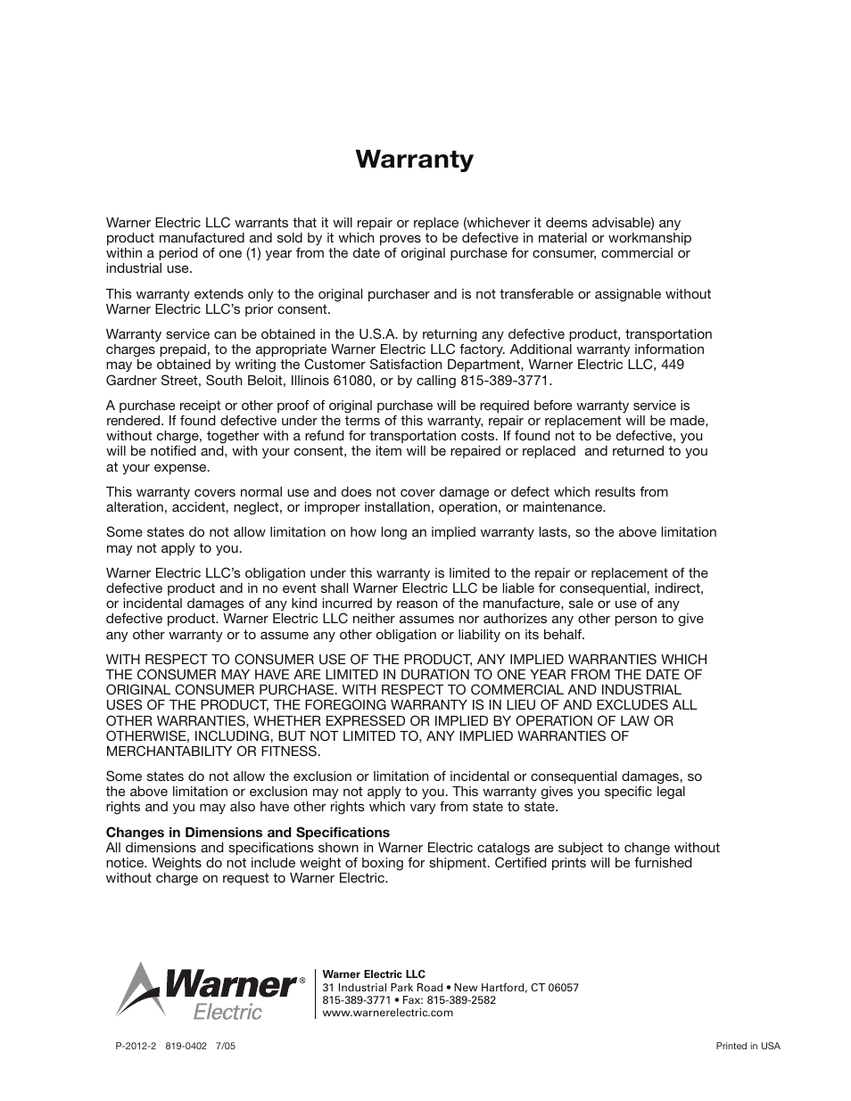 Warranty | Warner Electric AC10 Measuring System User Manual | Page 20 / 20