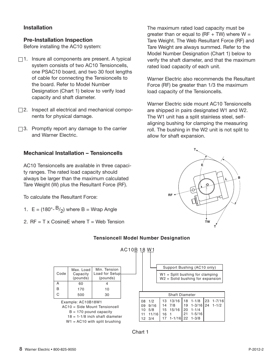 Installation pre-installation inspection, Mechanical installation – tensioncells, Chart 1 | Warner Electric AC10 Measuring System User Manual | Page 8 / 20