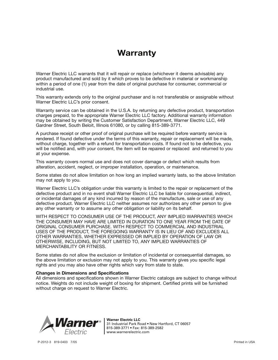 Warranty | Warner Electric A30 Single Range Tensioncells User Manual | Page 12 / 12