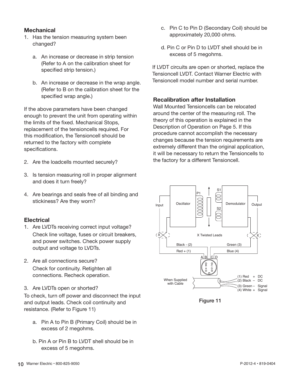 Mechanical, Electrical, Recalibration after installation | Warner Electric B30 Single Range Tensioncells User Manual | Page 10 / 14