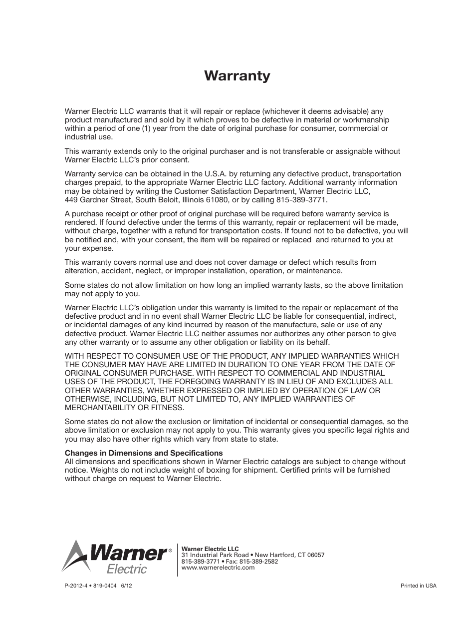 Warranty | Warner Electric B30 Single Range Tensioncells User Manual | Page 14 / 14