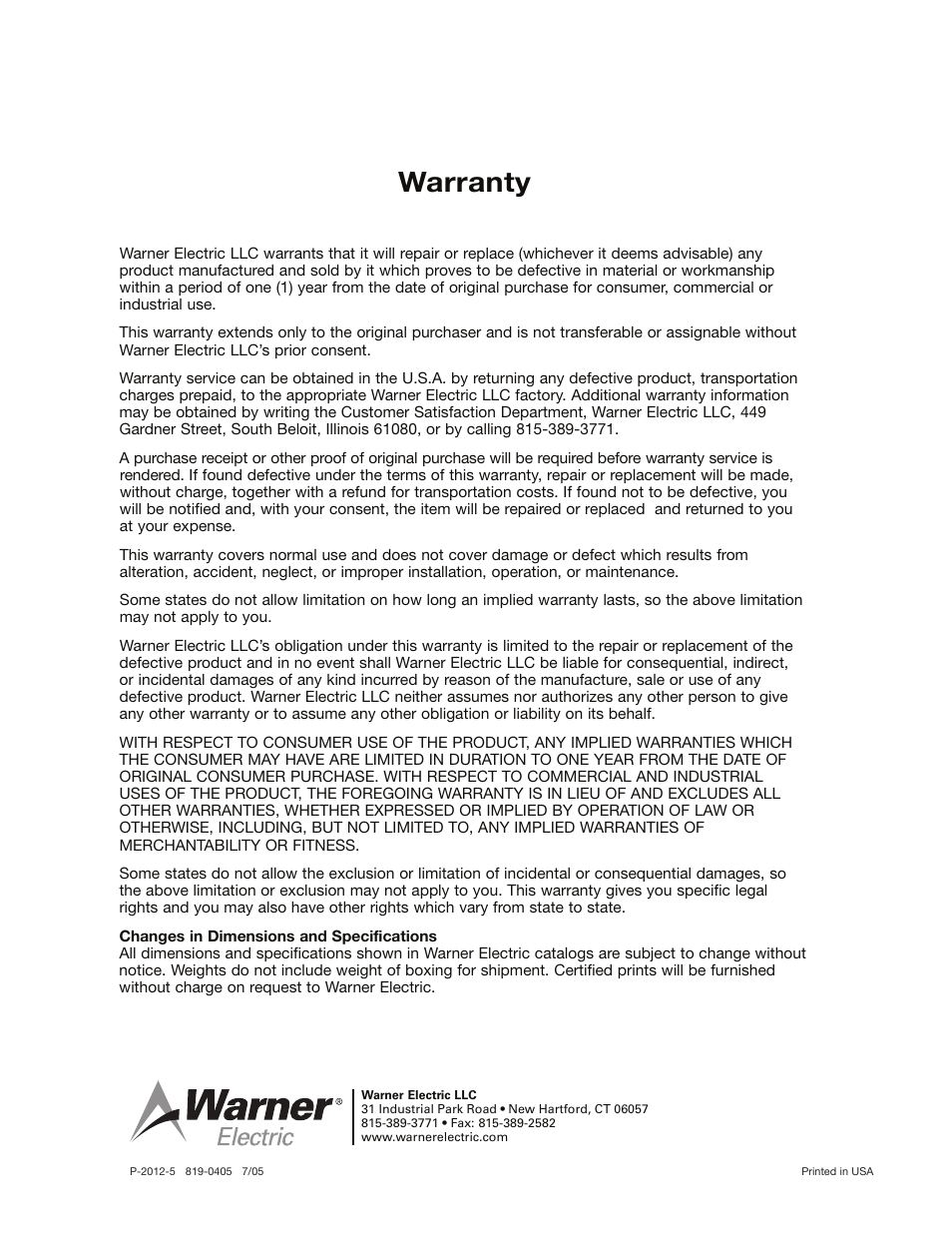 Warranty | Warner Electric C30 Single Range Tensioncells User Manual | Page 14 / 14
