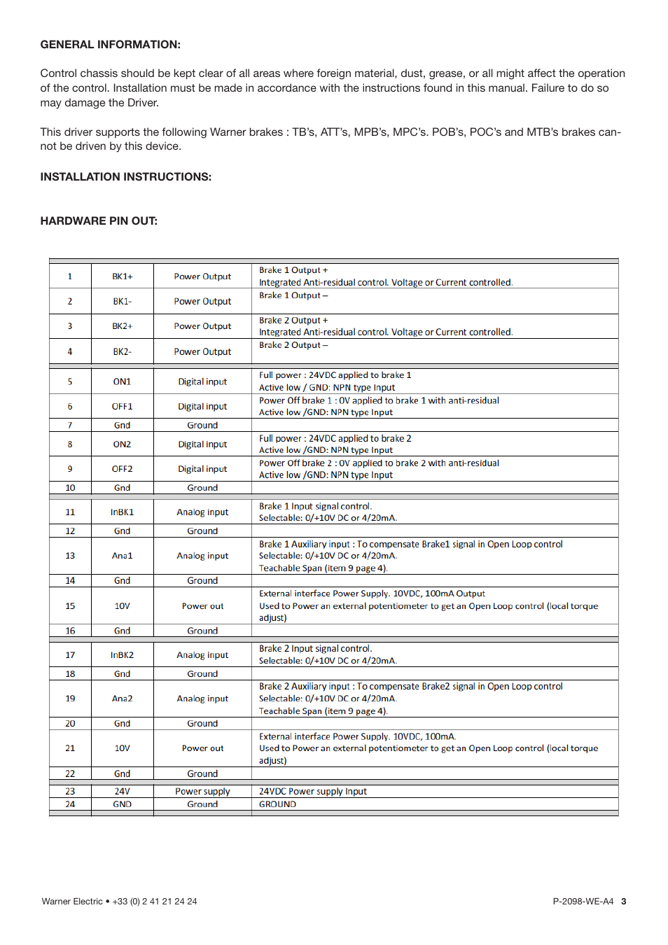 General information, Installation instructions, Hardware pin out | Warner Electric X2DRV User Manual | Page 3 / 8