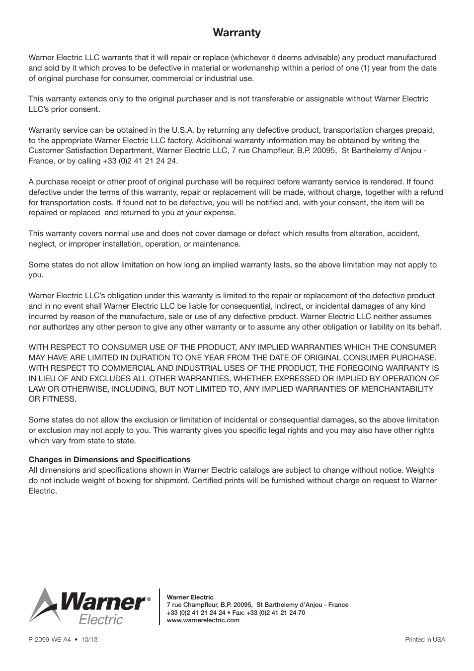 Warranty | Warner Electric XPRO User Manual | Page 10 / 10