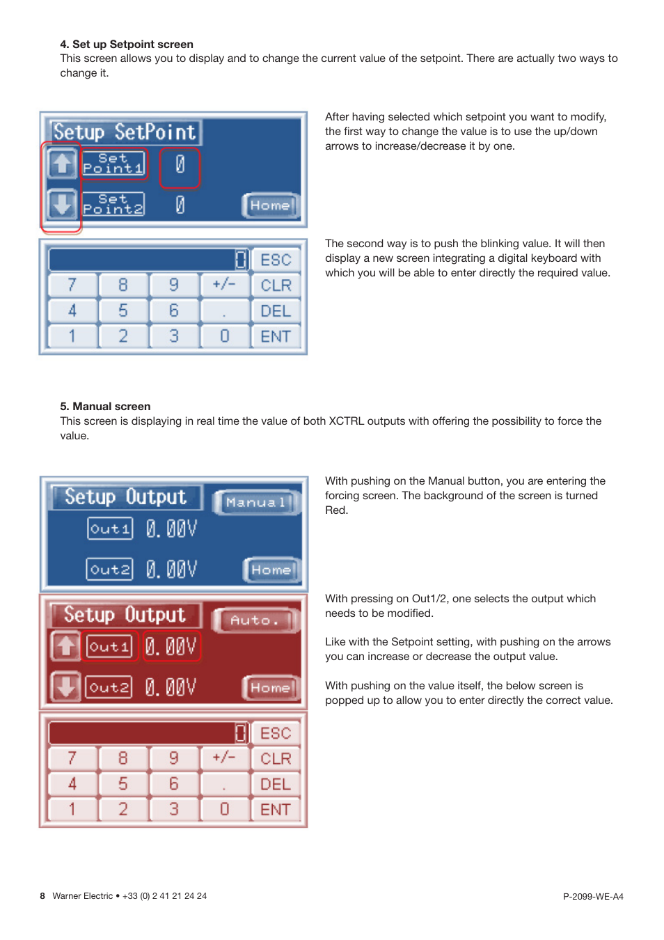 Set up setpoint screen, Manual screen | Warner Electric XPRO User Manual | Page 8 / 10